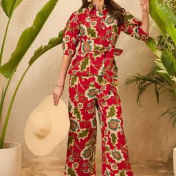 IMANA Printed Collared Neck Top With Trousers Co-Ords-4