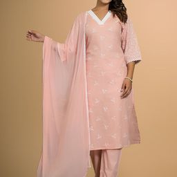 House of Pataudi Chikankari Embroidered Straight Kurta With Trousers & Dupatta-image-38