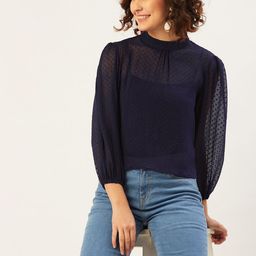 ANVI Be Yourself Navy Blue Puff Sleeves Chiffon Top-image-73