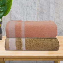 Aura Peach-Coloured & Green 2 Striped Cotton 400 GSM Bath Towel-16