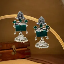 NAMAN ARTS Silver Plated Artificial Stones Studded & Beaded Dome Shaped Jhumkas-image-52