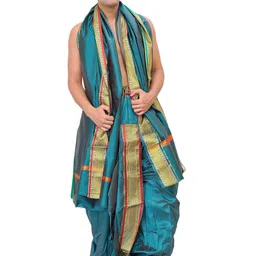 Exotic India Printed Ready to Wear Dhoti Pants and Veshti Set with Woven Golden Border-image-30
