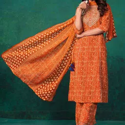 KALINI Geometric Printed Thread Work Kurta with Trousers & Dupatta-17