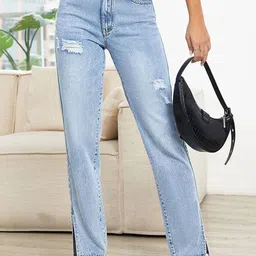 Outzidr Women Regular Fit Mid-Rise Mildly Distressed Heavy Fade Jeans-image-14