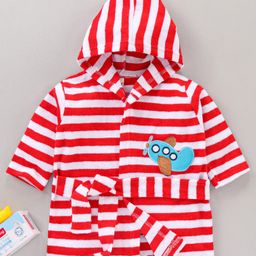 Babyhug Cotton Knit Hooded Bathrobe With Waist Belt Stripes - Red-image-48