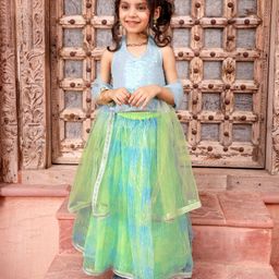 Babyhug Sleeveless Choli With Lehenga And Dupatta Set Sequenced Embroidered - Aqua Green-picture-27