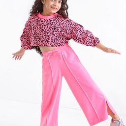 Ollington St. Winter Wear Set of Animal Print Cropped Sweatshirt with Knit Pants - Pink-image-100
