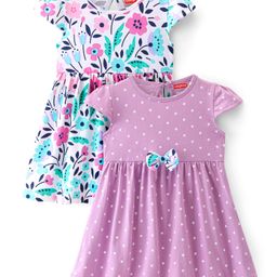 Babyhug Cotton Knit Cap Sleeves Floral Printed Frocks with Bow Applique Pack of 2 - Multicolour-image-23