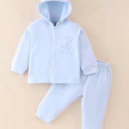 I Bears 100% Cotton Fleece Knit Full Sleeves Hooded Night Suit Moon Embroidery - Sky Blue-image-89