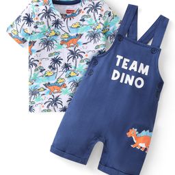 Babyhug 100% Cotton Knit Single Jersey Dungaree & Half Sleeves T-Shirt With Dino Print - White & Blue-image-89