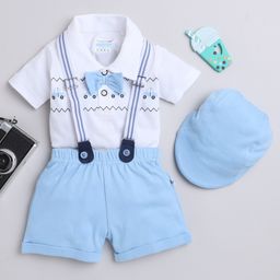 BUMZEE Half Sleeves Car Printed Onesie & Shorts With Cap Suspender - Sky Blue & White-image-99