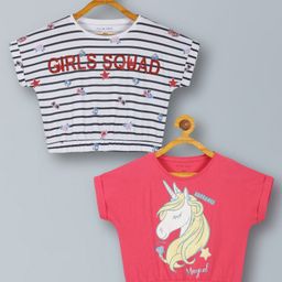 Plum Tree Pack Of 2 Half Sleeves Striped & Unicorn Printed Cotton CropTops - Pink & Off White-image-55