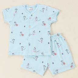 Tango Interlock Knit Half Sleeves Night Suit Kitten Print - Aqua Blue-image-90