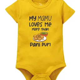 Zeezeezoo Cotton Half Sleeves My Mamu Loves me More than Pani Puri Text Printed Onesie - Yellow-picture-19