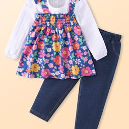 Babyhug Single Jersey Knit Full Peasant Sleeves T-Shirt & Floral Printed Top with Jeans -White Navy Blue-image-79