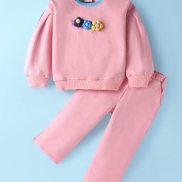 Kookie Kids Terry Knit Full Drop Shoulder Sleeves Winter T-Shirt & Lounge Pant Set With Floral Corsage - Pink-picture-26