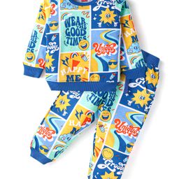 Babyhug Terry Knit Full Sleeves T-Shirt & Joggers Set with Text Print - Blue Yellow & Red-image-92