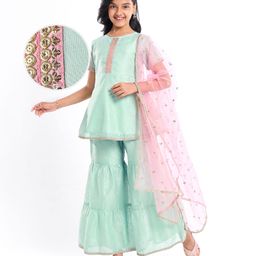 Pine Kids Woven Half Sleeveless Embroidered Kurti & Gharara Set with Dupatta - Aqua Blue-image-96