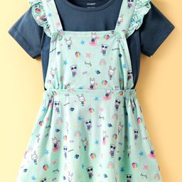 CUCUMBER Sinker Knit Half Sleeves T-Shirt & Pinafore with Animal Print - Navy Blue & Light Blue-image-22