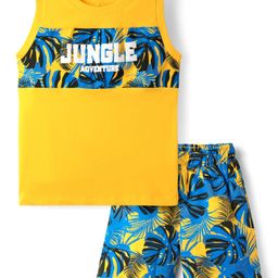 Pine Kids Single Jersey Knit Sleeveless Shorts Night Suit With Leaf Print - Yellow & Blue-image-77