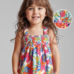 Babyhug Sleeveless Top with Tropical Print & Smock Detailing- Red & White-image-94