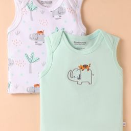 Wonderchild Pack Of 2 Sleeveless Elephant Printed & Embroidered Vests - Green & White-image-63