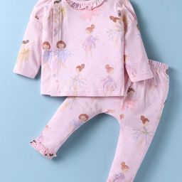 ToffyHouse Cotton Knit Full Sleeves Co-Ord Night Suit With Frill Detailing & Fairy Print - Pink-image-95