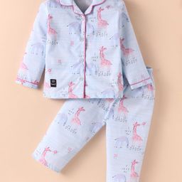 Enfance Core Cotton Woven Half Sleeves Giraffe Printed Coordinating Night Suit Set - Blue-image-48