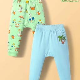 Babyoye 100% Cotton Knit Full Length Eco Jiva Finish Diaper Leggings with Beach Theme Print Pack of 2 - Light Blue & Green-image-61