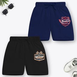 Trampoline Cotton Blend Pack Of 2 Typography Patch Detailed Shorts - Blue & Black-image-71