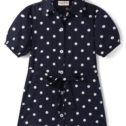 CrayonFlakes Rayon Half Sleeves Polka Dots Printed Belted Shirt Style Dress - Navy Blue-image-50
