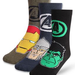 Pine Kids Marvel Knit Antibacterial Socks With Avengers Graphics Pack Of 3 -Black Navy Blue & Brown-image-26