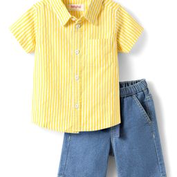 Babyhug Cotton Woven Half Sleeves Striped Shirt & Denim Shorts Set - Yellow & Blue-picture-17
