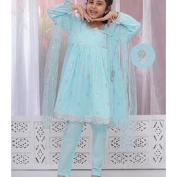 Little Bansi Cotton Three Fourth Sleeves Floral Embroidered Lace Embellished Angrakha Style Kurta Pyjama With Dupatta Set - Blue-image-40