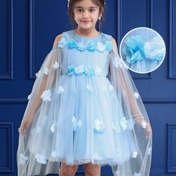 Mark & Mia Woven Cape Sleeves Party Dress With Floral Applique - Light Blue-image-6