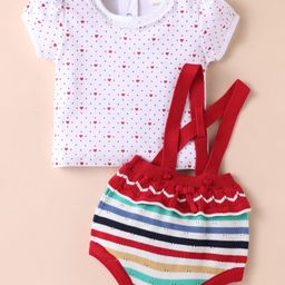 ToffyHouse Cotton Knit Half Sleeves Inner T-Shirt & Dungaree Style Onesie with Stripes & Heart Print - Red & White-image-32