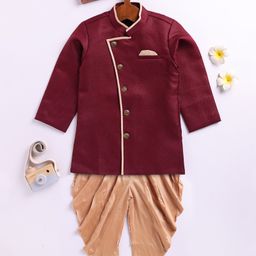 JBN Creation Cotton Blend Full Sleeves Textured Button Detailed Kurta With Dhoti Set - Maroon-4