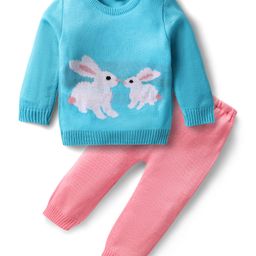 Babyhug Knitted Full Sleeves Sweater Set with Bunny Design - Pink & Light Blue-picture-37