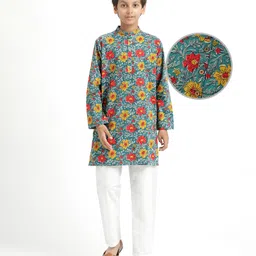 Pine Kids Cotton Woven Mandarin Collar Full Sleeves Kurta Pajama Set With Floral Print - Teal Blue-picture-16