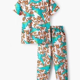 Honeyhap Premium 100% Cotton Knit Half Sleeves Co-ords Night Suit with Bio Finish & Dino Print - Bright White & Blue Curacao-image-30