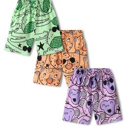 Teddy Sinker Knit Knee Length Shorts With Animal Print Pack Of 3 - Light Green Peach & Purple-image-59