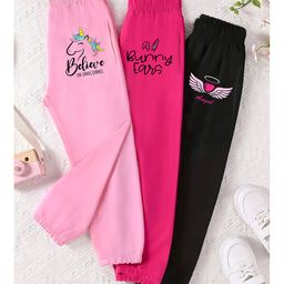Trampoline Cotton Blend Knit Pack Of 3 Bunny Ears Text & Unicorn Printed Track Pant - Multi Colour-image-29