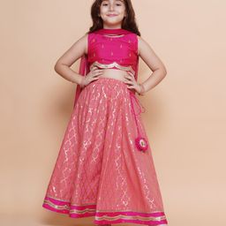 Bitiya By Bhama Silk Woven Sleeveless Floral Embroidered & Abstract Foil Printed Sequins Embellished Lehenga Choli With Dupatta Set - Peach-image-52