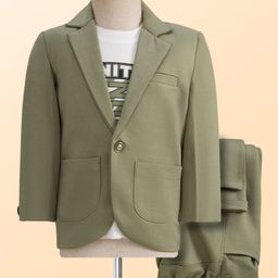Rikidoos Full Sleeves Textured Blazer With Typography Printed Tee & Pant Set - Olive & White-picture-23