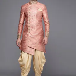 Manyavar Men Peach-Coloured & Beige Ethnic Motif Printed Sherwani and Patiala Set-18