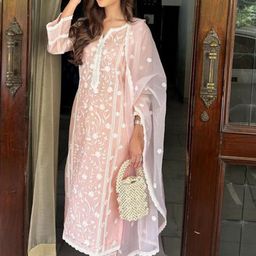 Bought First Floral Embroidered Notch Neck Straight KurtaWith Trousers And Dupatta-17