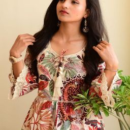 Mankriti Women Cotton Tropical Printed Bell Sleeve A-Line Dress-image-30