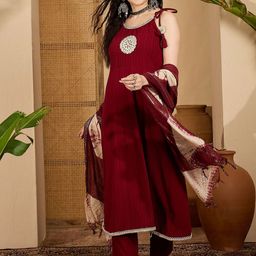 Sangria Women Embroidered A-Line Kurta with Trousers & Dupatta Set-image-76
