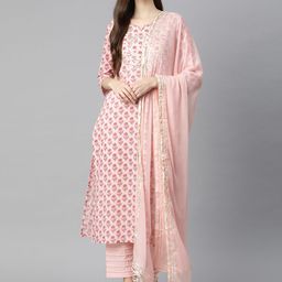 Divena Women Pink Floral Printed Gotta Patti Pure Cotton Kurta with Trousers & Dupatta-26