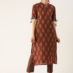 FABRIC FITOOR Women Maroon Ethnic Motifs Printed Regular Pure Cotton Kurti with Trousers-picture-11